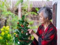 Portrait of senior woman decorating the Christmas tree with colorful ribbons at home. Concept of aged people and festival Royalty Free Stock Photo