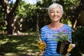 Portrait of senior woman holding potted plant and trowel Royalty Free Stock Photo