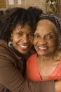 Portrait of a senior woman hugging her daughter.