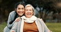 Portrait, senior woman and outdoor with caregiver, nurse or healthcare service for person with a disability and Royalty Free Stock Photo