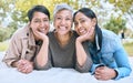 Portrait, senior women and friends at park on picnic blanket, bonding and enjoying quality time together outdoors. Peace Royalty Free Stock Photo