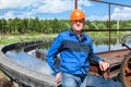 Portrait of senior workman in uniform on industrial plant Royalty Free Stock Photo