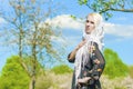 Portrait of Sensual Blond Caucasian Woman in Kerchief Standing I