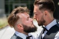 Portrait of sensual gay couple in love on wedding day. Romantic men same sex marriage. Gay couple wedding. Homosexual Royalty Free Stock Photo