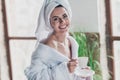 Portrait of sensual lady wear head turban bathrobe enjoy early morning coffee porcelain mug after shower prepare day Royalty Free Stock Photo