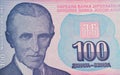 Portrait of serbian inventor Nikola Tesla on Yugoslavia 100 Dinara currency memorial banknote Royalty Free Stock Photo