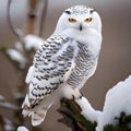 A portrait of a serene and majestic snowy owl perched on a snow-covered branch2 Royalty Free Stock Photo