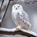 A portrait of a serene and majestic snowy owl perched on a snow-covered branch1 Royalty Free Stock Photo