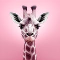 Portrait of a serious African giraffe on a pink background.Cartoon spotted, realistic giraffe.The giraffe is a symbol of happiness