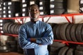 Portrait of serious auto mechanic in front of car tires
