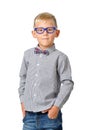 Portrait serious boy wearing shirt glasses and bowtie posing. Educational concept. Isolated over white. Royalty Free Stock Photo