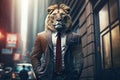 Portrait of a serious business lion on a city street. Generative ai