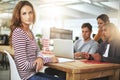 Portrait, serious and business woman at office in meeting in startup company for creative career or job at table. Face Royalty Free Stock Photo