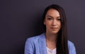 Portrait, serious and business woman in studio isolated on a grey background mockup space for job. Face, confident Royalty Free Stock Photo