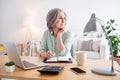 Portrait of serious charming person sit behind desktop hold pen hand on chin look curious window home indoors Royalty Free Stock Photo