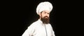 Portrait of a serious chef cook. Chef, cooks or baker. Bearded male chefs isolated on black. Cook hat. Serious cook in Royalty Free Stock Photo