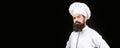 Portrait of a serious chef cook. Chef, cooks or baker. Bearded male chefs isolated on black. Cook hat. Serious cook in Royalty Free Stock Photo