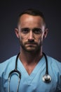 Portrait of a serious doctor with stethoscope on dark background