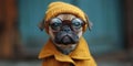 portrait of a serious French bulldog wearing retro glasses, yellow jacket and a knitted hat, banner