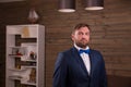Portrait of serious groom in suit and bow tie Royalty Free Stock Photo