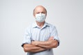 Portrait of serious man in special medic mask. He is looking serious. Mature experienced doctor.
