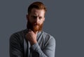 Portrait of serious man stroking beard. Bearded man with unshaven face. Irish man studio Royalty Free Stock Photo