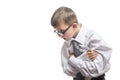 Portrait of a serious schoolboy in businessman suit and glases, isolated on white. Funny child boy in business suit