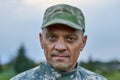 Portrait of serious soldier face, close up.