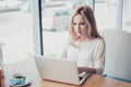 Portrait of serious young blond lady entrepreneur lawyer, in white formal wear, sitting at her work place in a coworking and