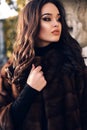 Portrait of beautiful woman with dark hair in luxurious fur coat Royalty Free Stock Photo