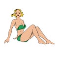 Portrait of sexy blonde girl sitting, retro pin up girl in bandeau green swimsuit, hand drawn doodle, sketch in pop art style