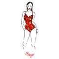 Portrait of sexy blonde retro pin up girl in red mayo type with yellow flowers print, one piece swimsuit type with inscription