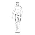 Portrait of sexy guy in boxers type of swimsuit with inscription, hand drawn outline doodle, sketch in pop art style, black and