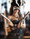 Portrait of a Pirate female standing on the deck of her ship wearing a corset and secretive mask and twin pistols drawn. Royalty Free Stock Photo