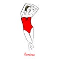 Portrait of sexy retro blonde pin up girl in red bandeau one piece swimsuit with inscription, hand drawn outline doodle, sketch