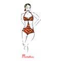 Portrait of sexy retro blonde pin up girl in  striped red and yellow monokini type of one piece swimsuit with inscription Royalty Free Stock Photo