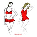 Portrait of sexy retro blonde pin up girls in red swimdress one and two pieces swimsuit with inscription, hand drawn outline