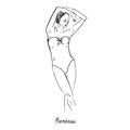 Portrait of sexy retro pin up girl in bandeau one piece swimsuit with inscription, hand drawn outline doodle, sketch