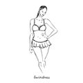 Portrait of sexy retro pin up girl in swimdress type of swimsuit with inscription, hand drawn outline doodle, sketch