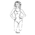 Portrait of sexy retro pin up girl in tank type of one piece swimsuit with inscription, hand drawn outline doodle, sketch