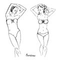 Portrait of sexy retro pin up girls in bandeau one and two pieces swimsuit with inscription, hand drawn outline doodle, sketch