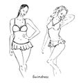 Portrait of sexy retro pin up girls in swimdress one and two pieces swimsuit with inscription, hand drawn outline doodle