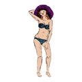 Portrait of sexy retro pin up red hair girl in blue bandeau swimsuit and purple wide brim hat standing and posing, hand drawn