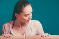 Portrait of seductive woman at poolside water Royalty Free Stock Photo