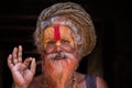 Portrait of Shaiva sadhu, holy man in Pashupatinath Temple, Kathmandu. Nepal