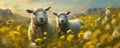 Two sheep in the meadow full of yellow flowers. Space for description. generative ai