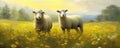 Two sheep in the meadow full of yellow flowers. Space for description. generative ai