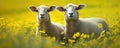 Two sheep in the meadow full of yellow flowers. Space for description. generative ai