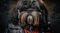 A Shih tzu Dog hairy wearing a leather jacket. Generative Ai