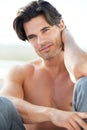Portrait, shirtless and man with a smile, relax and luxury with vacation, weekend break and calm. Face, model and person